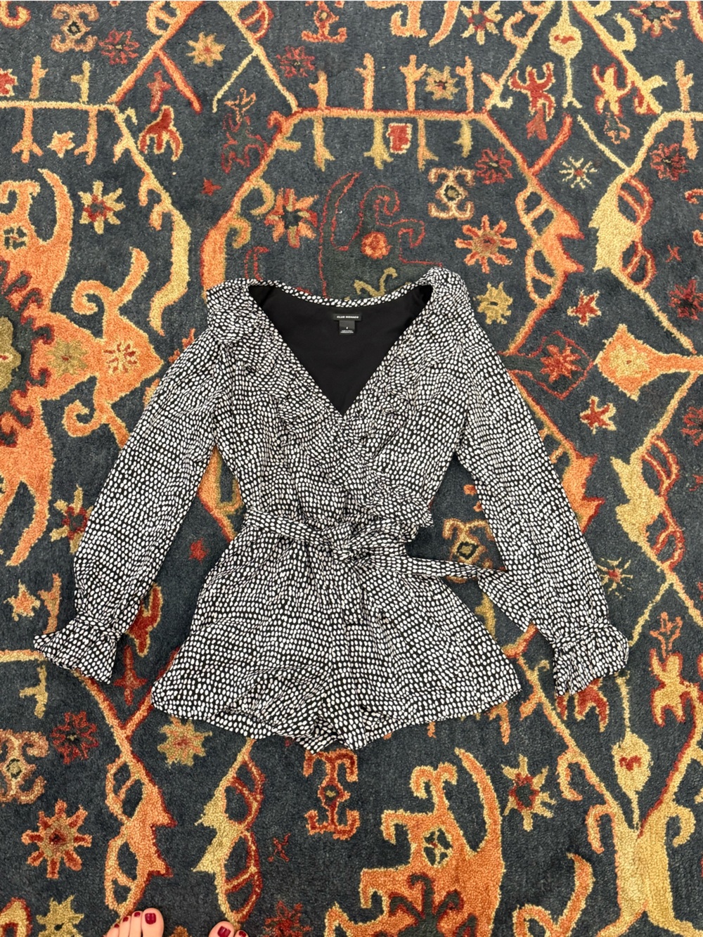 Club Monaco Black and White Dot Printed Ruffle Trim Romper